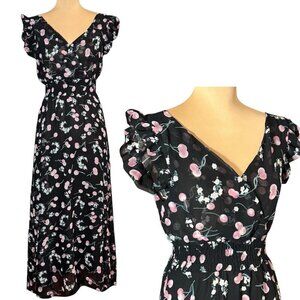 Miger Flowy Maxi Dress Sz.S Cherry Print Black Chiffon Ruffle Sleeve Romantic